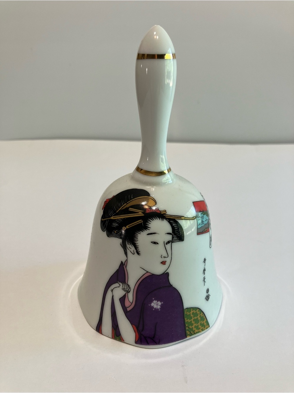 Porcelain Bell Vintage Oriental White/ Gold Trim Geisha Girl 5.5” Purple Dress